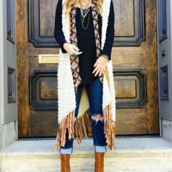Free People Madeline Long Fringe Vest Boho Cardigan Sweater Womens M Cream Tan - Picture 1 of 9